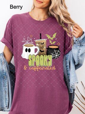 Spooky Caffeinated Halloween Shirt Ghost Coffee Bat Spider Web Purple Tee